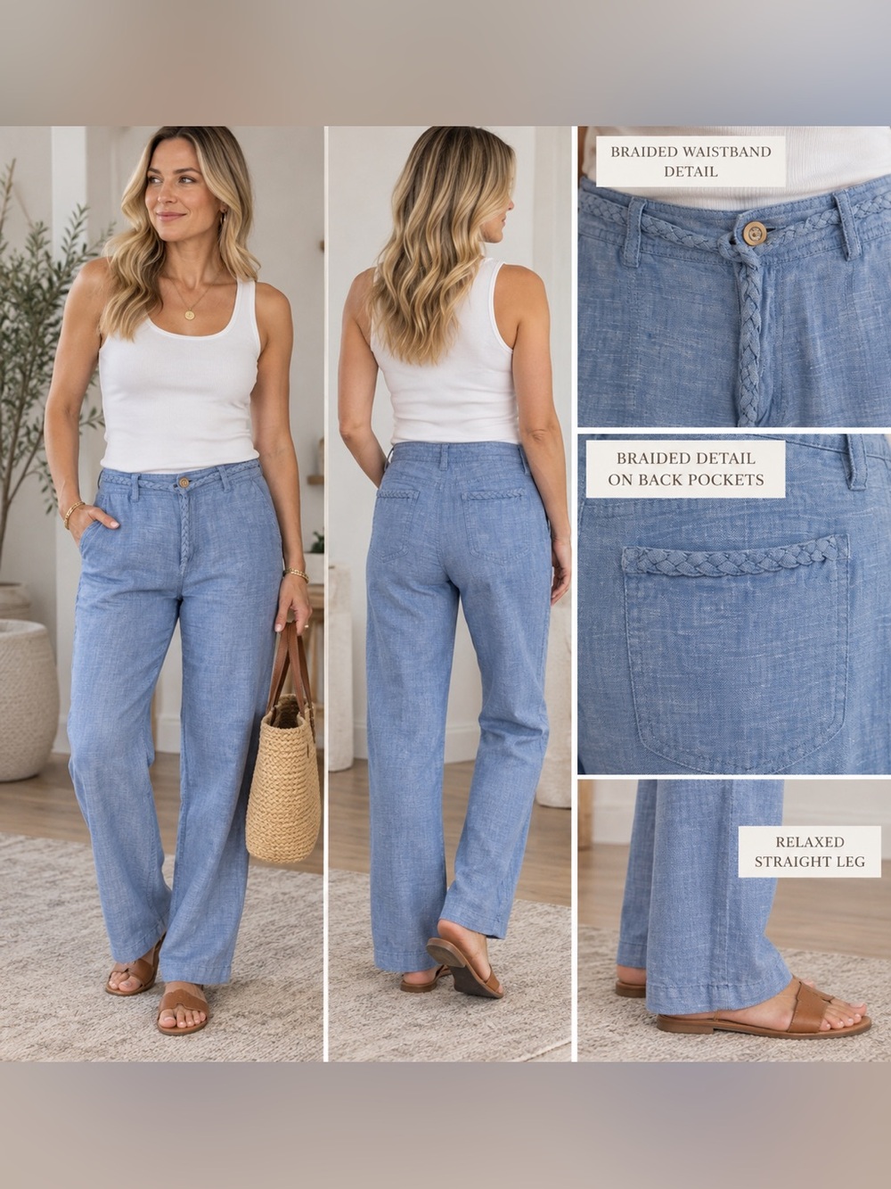 INC International Concepts Blue Linen Pants Braided Trim Straight Leg